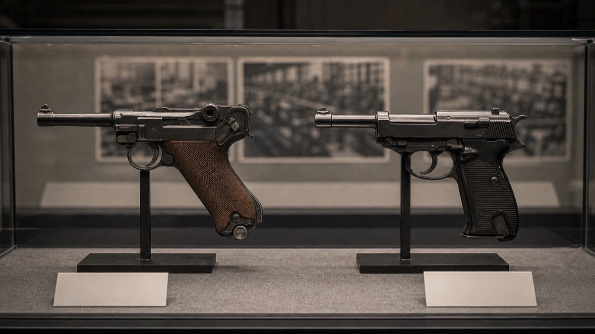 ルガーP08からワルサーP38への交代をイメージした比較展示