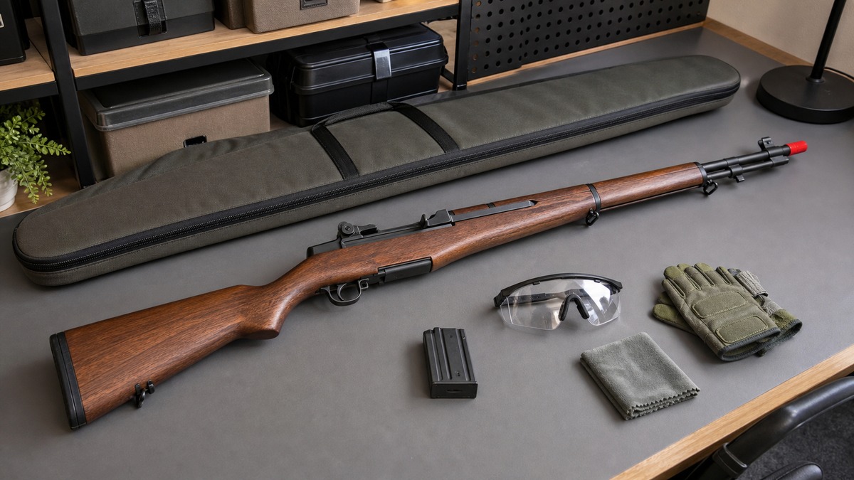 M1ガーランド型ガスガンと保護具を並べた安全な趣味用展示