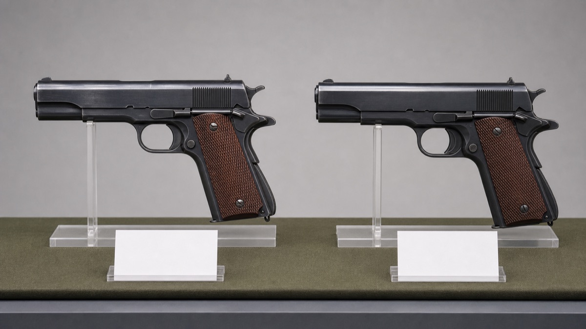 M1911からM1911A1への改良をイメージした比較展示