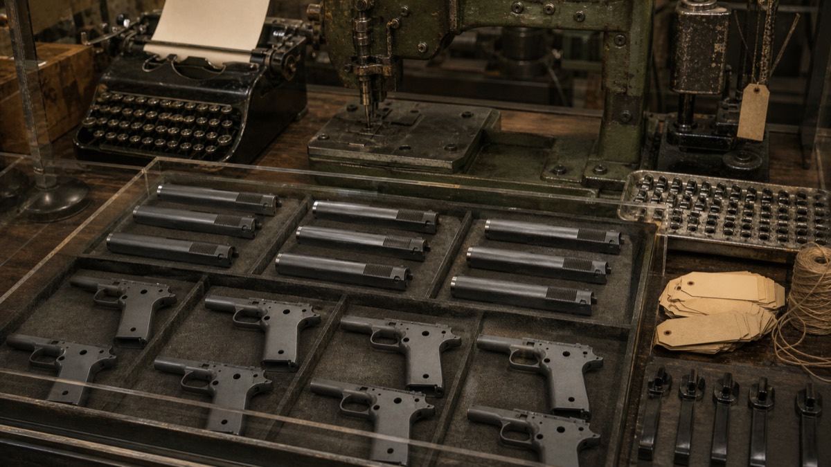 第二次世界大戦期のM1911A1大量生産をイメージした展示