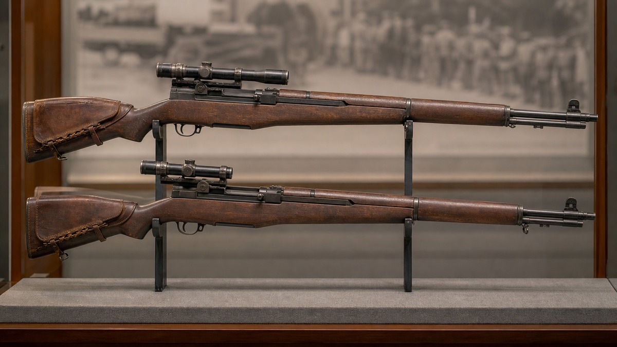 M1CとM1D狙撃銃型を比較する博物館展示