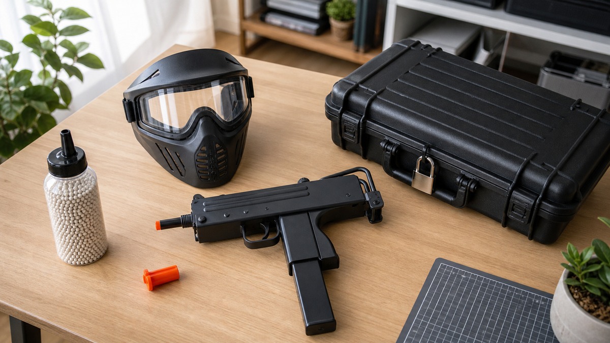 MAC-10型エアソフトと保護具を並べた安全な趣味用展示