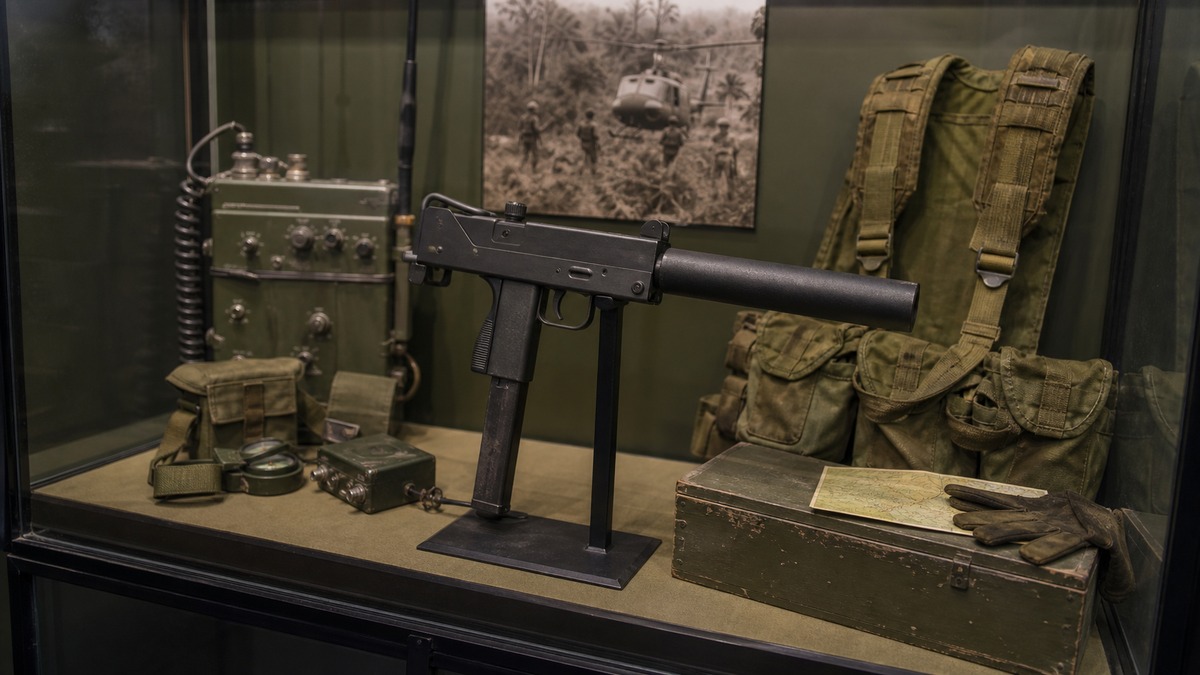 特殊作戦用装備とサプレッサー付きMAC-10をイメージした展示