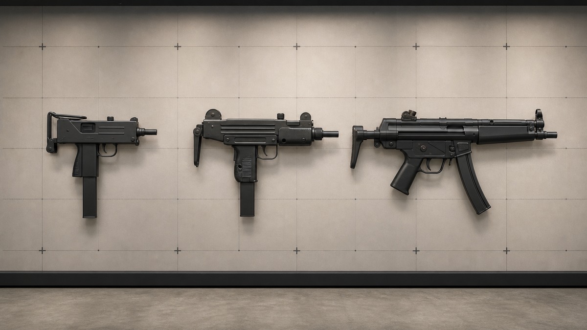 MAC-10とUZIとMP5をイメージした大きさ比較展示