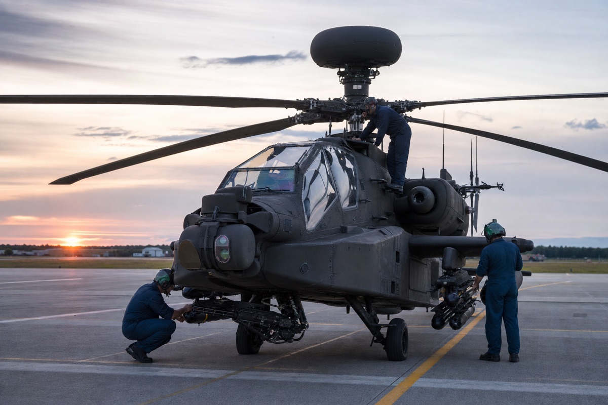 基地で兵装とセンサーの点検を受けるAH-64E級攻撃ヘリコプター