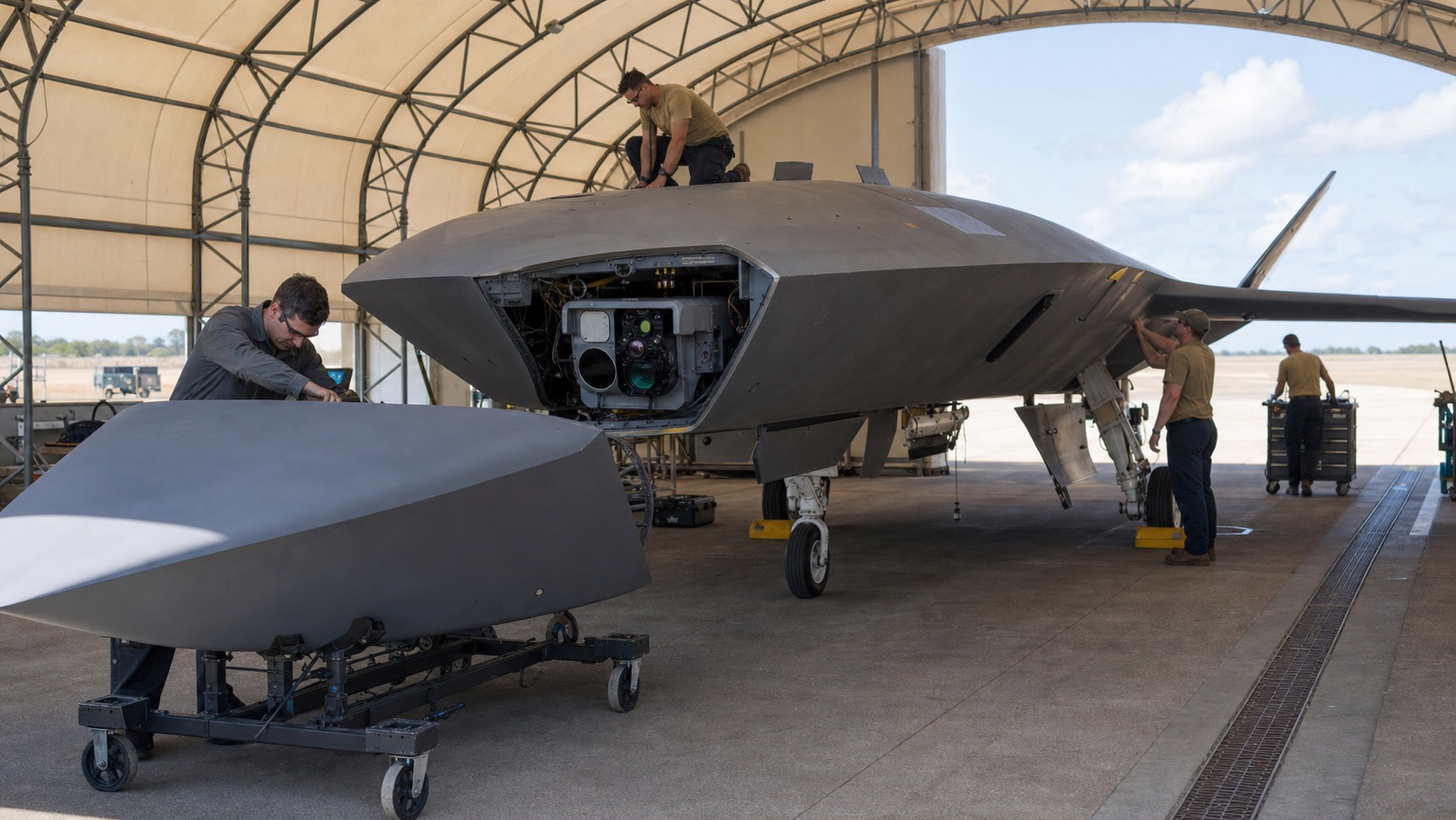 交換式機首を取り外して整備するMQ-28級無人航空機