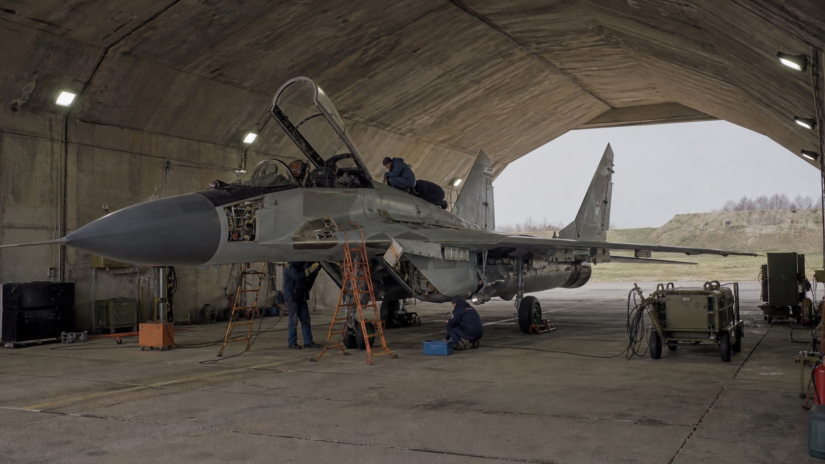 防護格納庫内でMiG-29級戦闘機を整備する地上要員