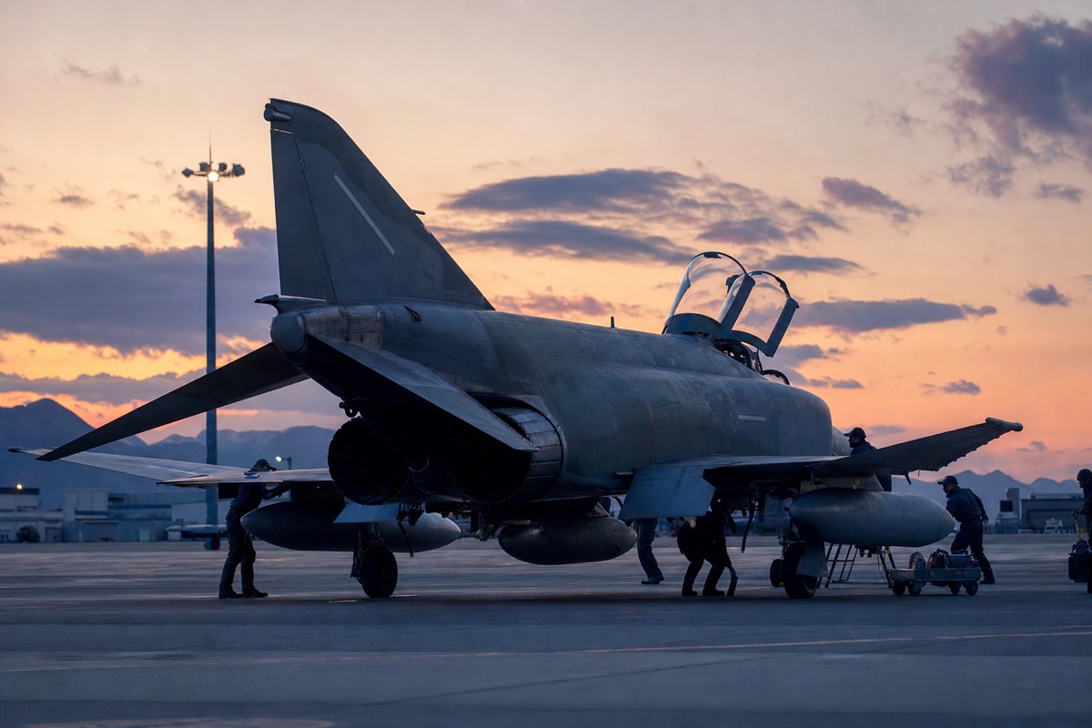 夕暮れの基地で整備を受けるF-4級戦闘機