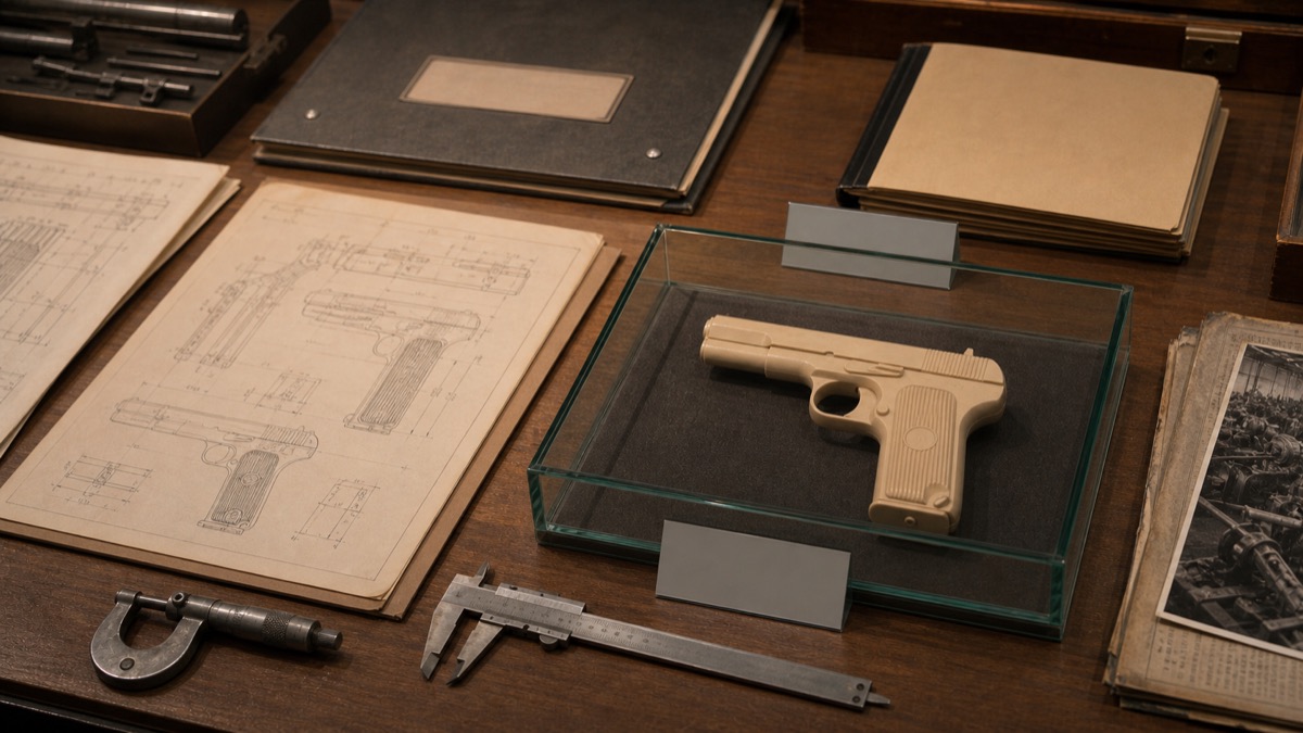 戦後ソ連の拳銃設計資料をイメージした展示