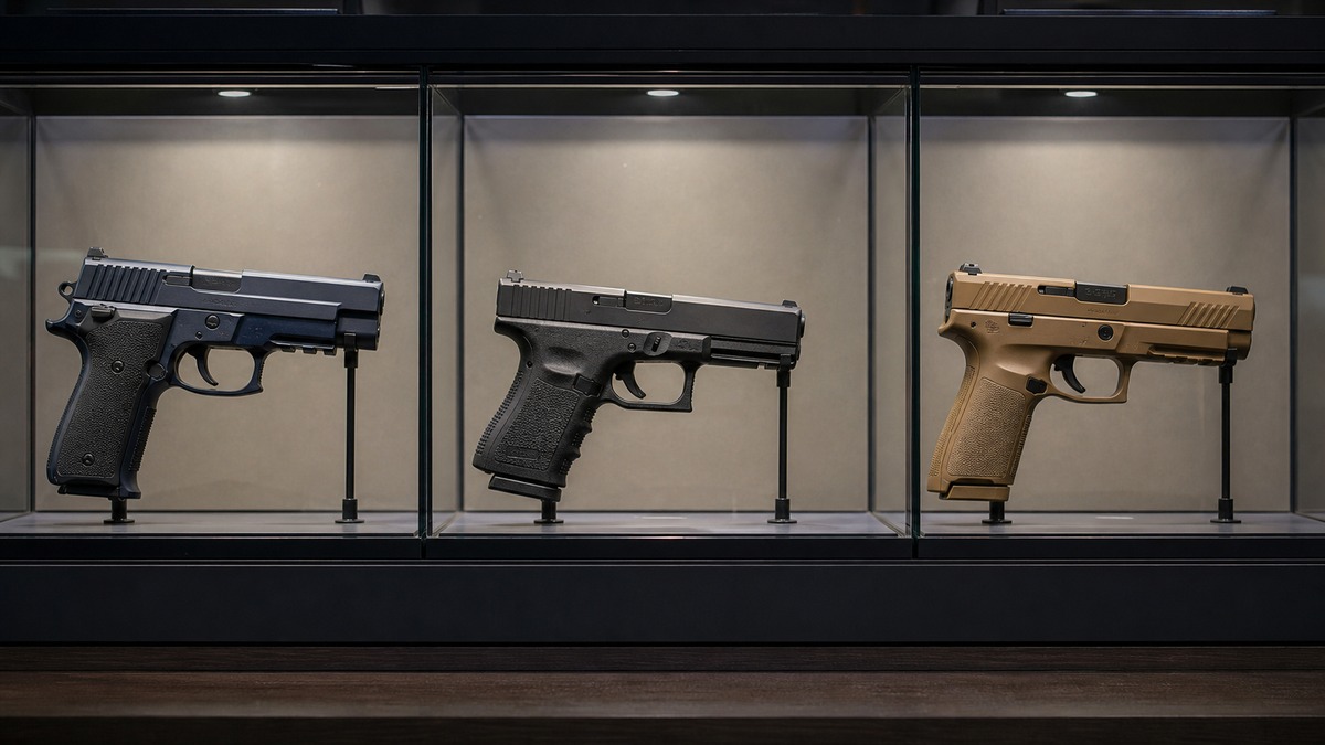 Mk25・グロック19・M17の世代交代を示す展示