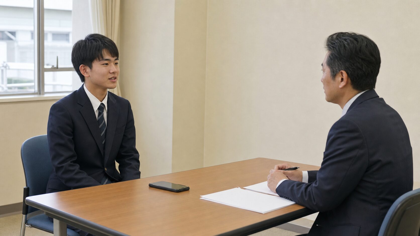 学校の先生と防衛大学校の模擬面接を行うイメージ