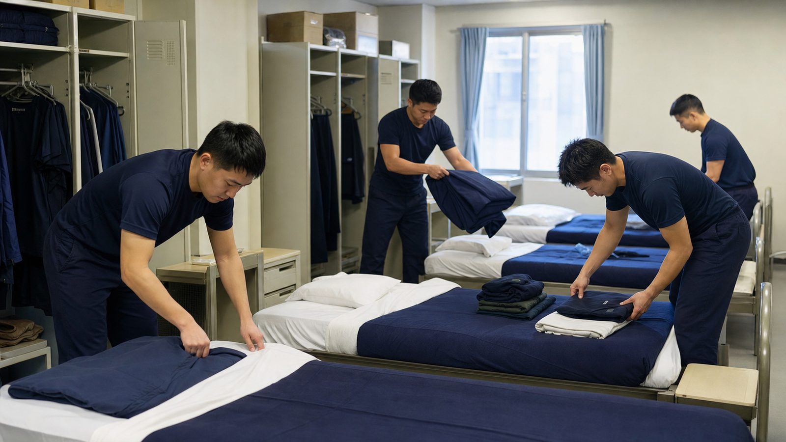 教育隊の朝に寝具と私物を整える新隊員のイメージ