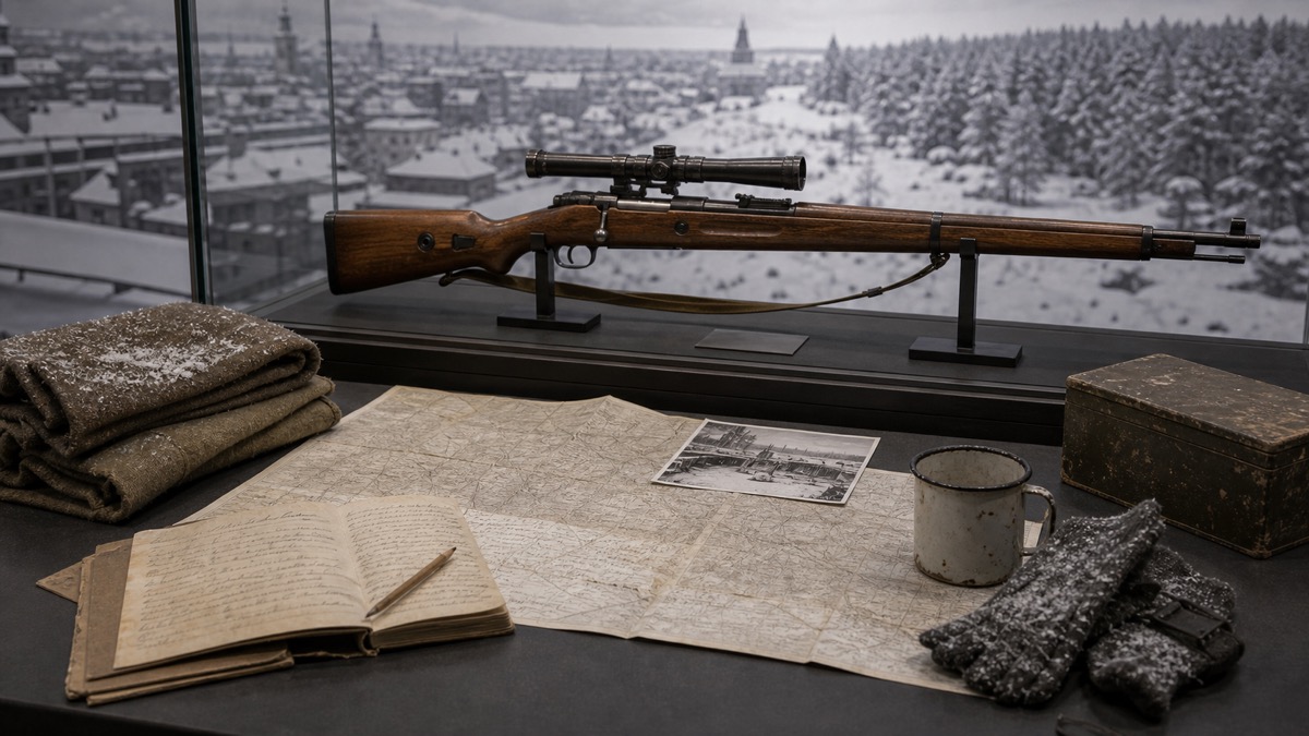 東部戦線におけるモシン・ナガン狙撃銃の記録をイメージした資料展示