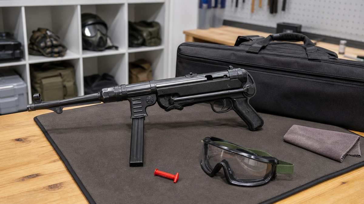 MP40型エアソフトと保護具を並べた安全な趣味用展示