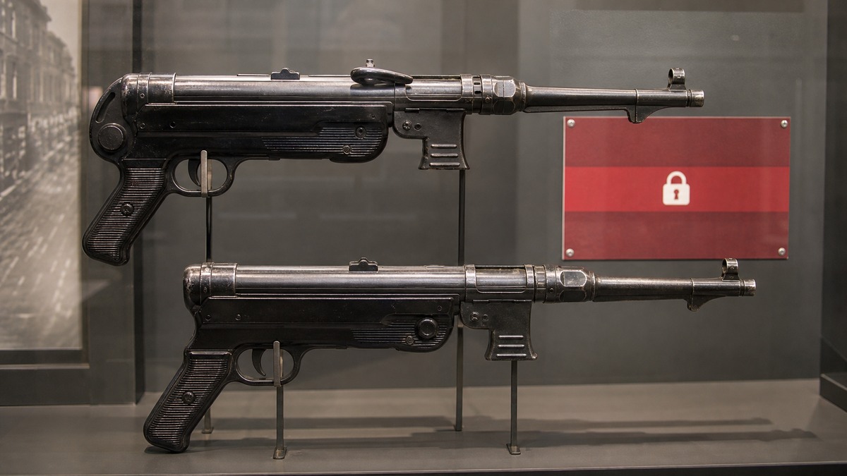 MP40の後期型コッキングハンドル安全改良を示す展示