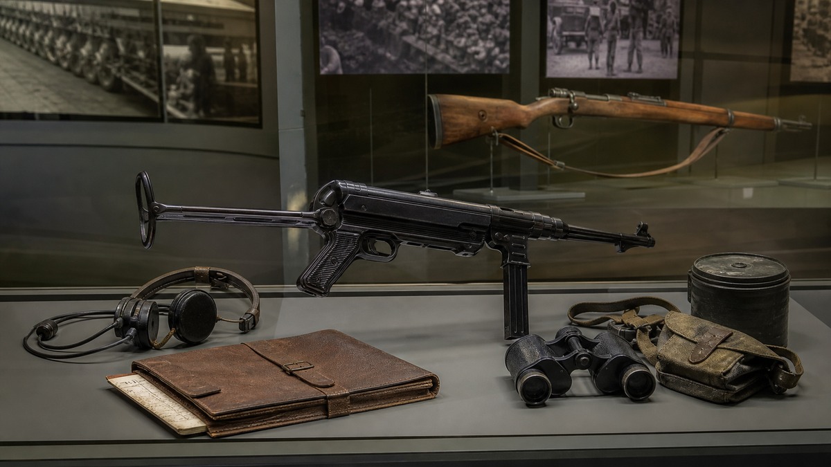 第二次世界大戦期のMP40とドイツ軍装備を示す展示