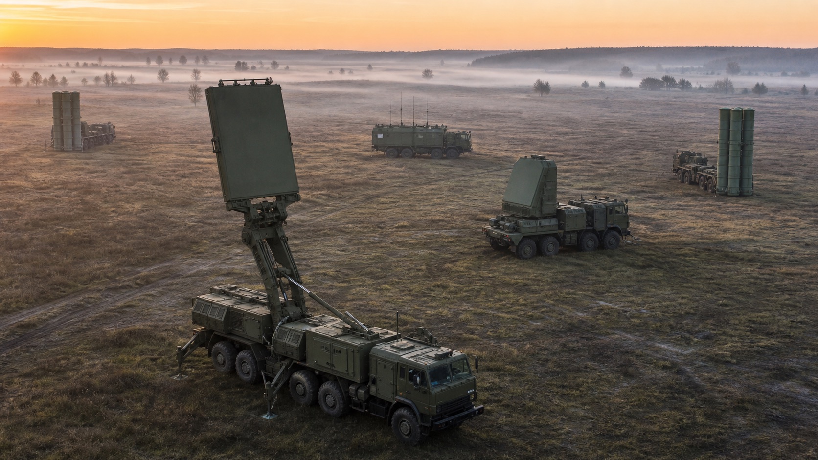 分散配置されたS-400級レーダーと発射機