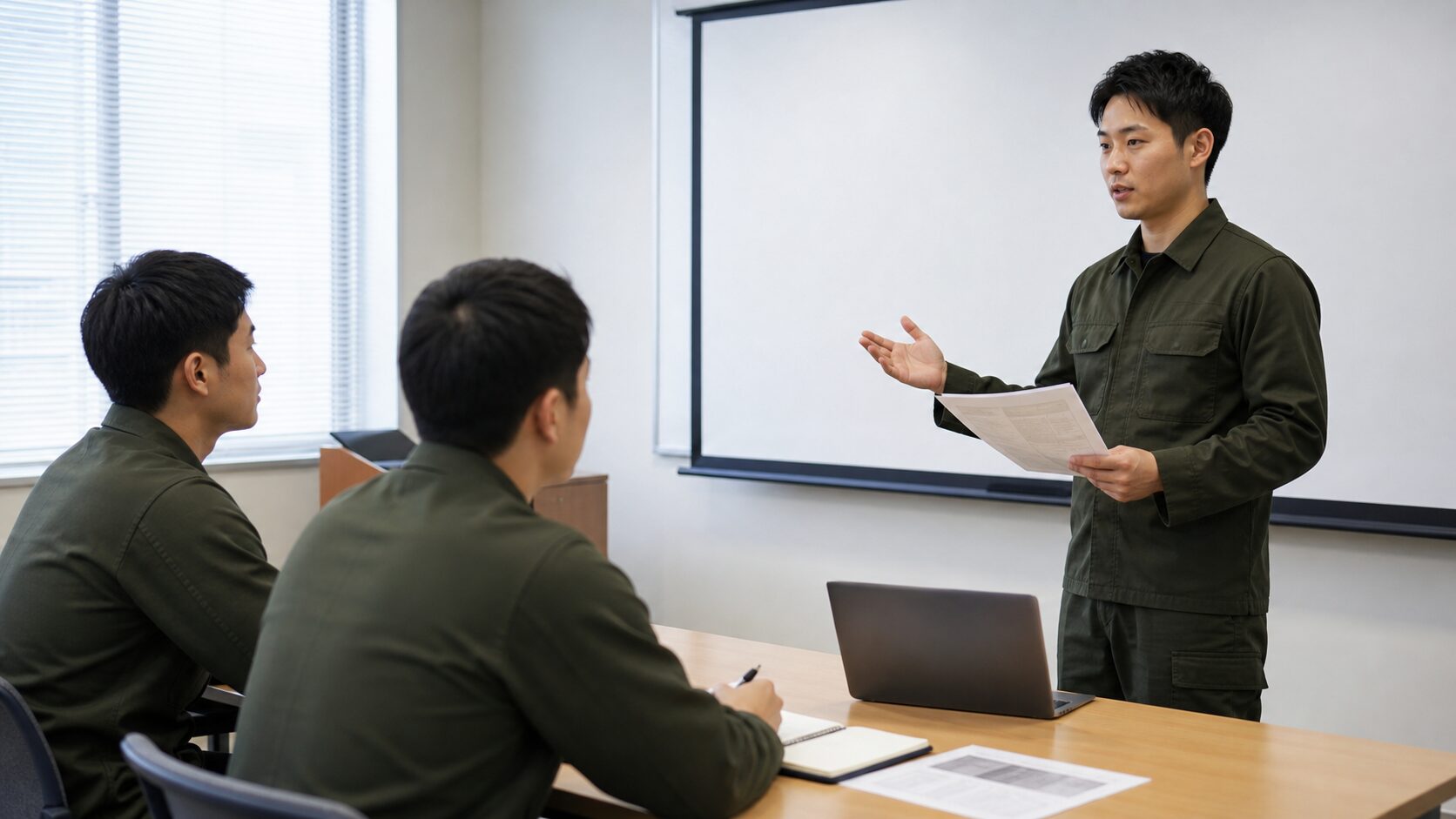 幹部候補生が英語資料を要約して説明するイメージ