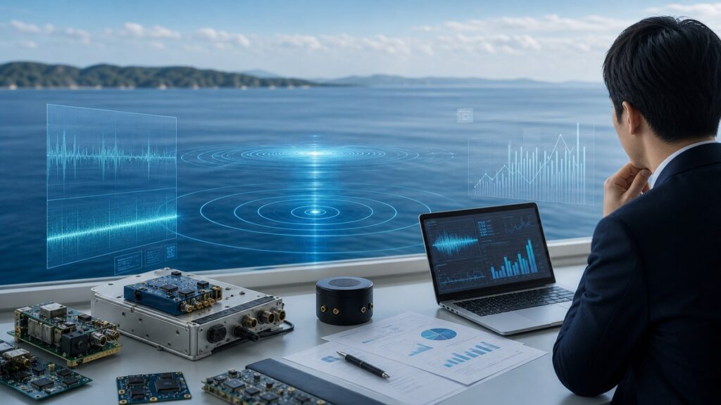 OKIの防衛事業と水中音響技術をイメージした分析デスク