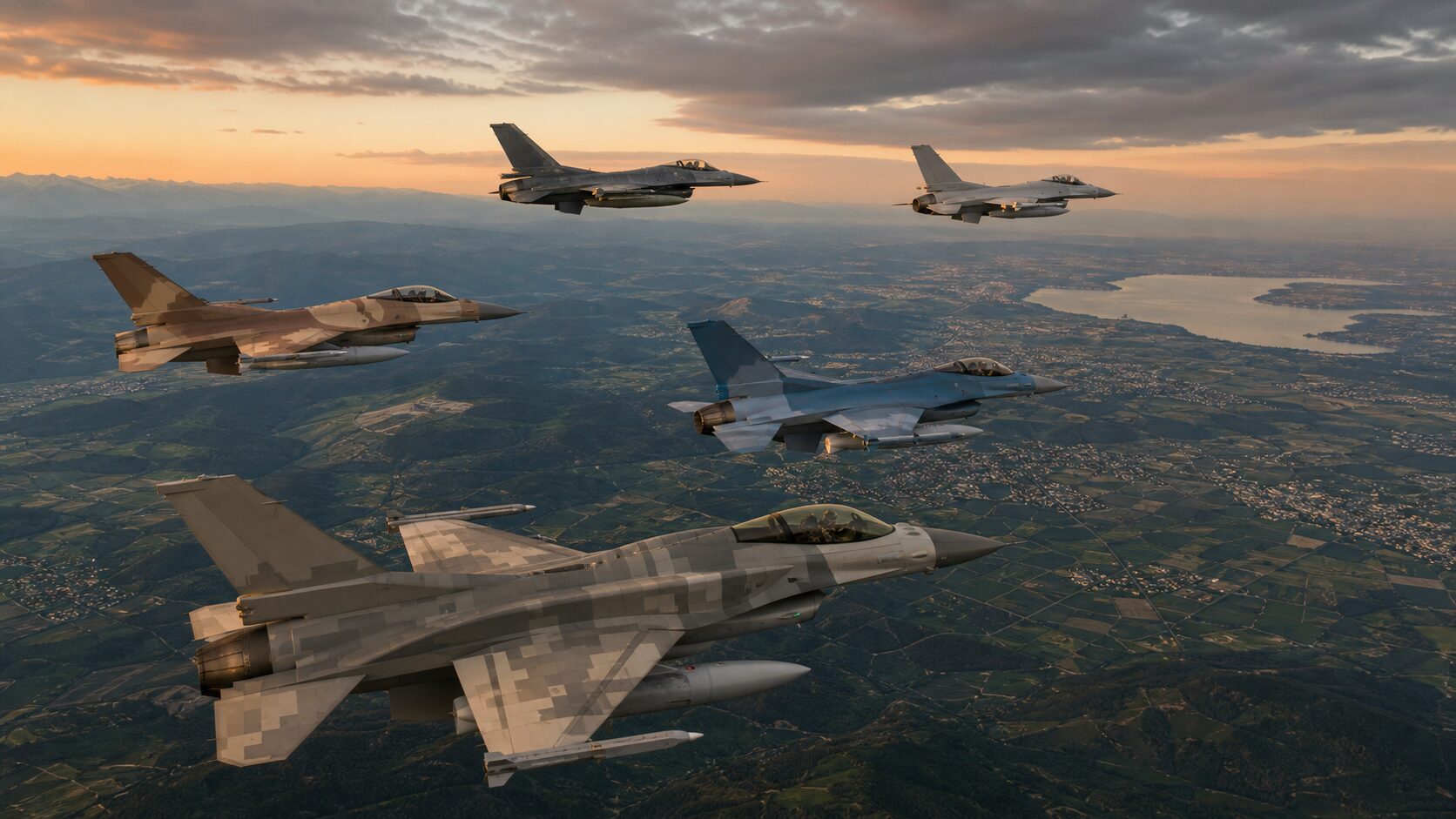 複数の採用国のF-16が編隊飛行する様子