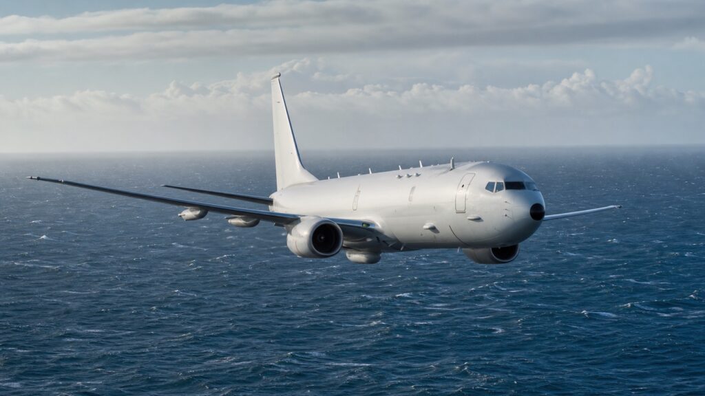 荒天の海上を低空飛行するP-8A級双発哨戒機