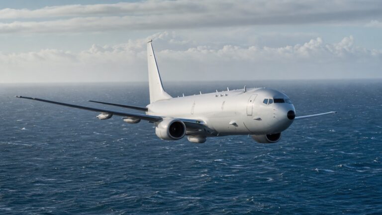 荒天の海上を低空飛行するP-8A級双発哨戒機