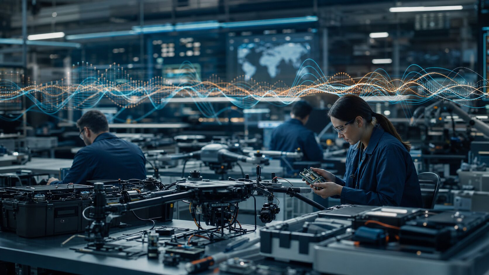 無人機の量産・通信・電子戦耐性を検査する防衛産業のイメージ