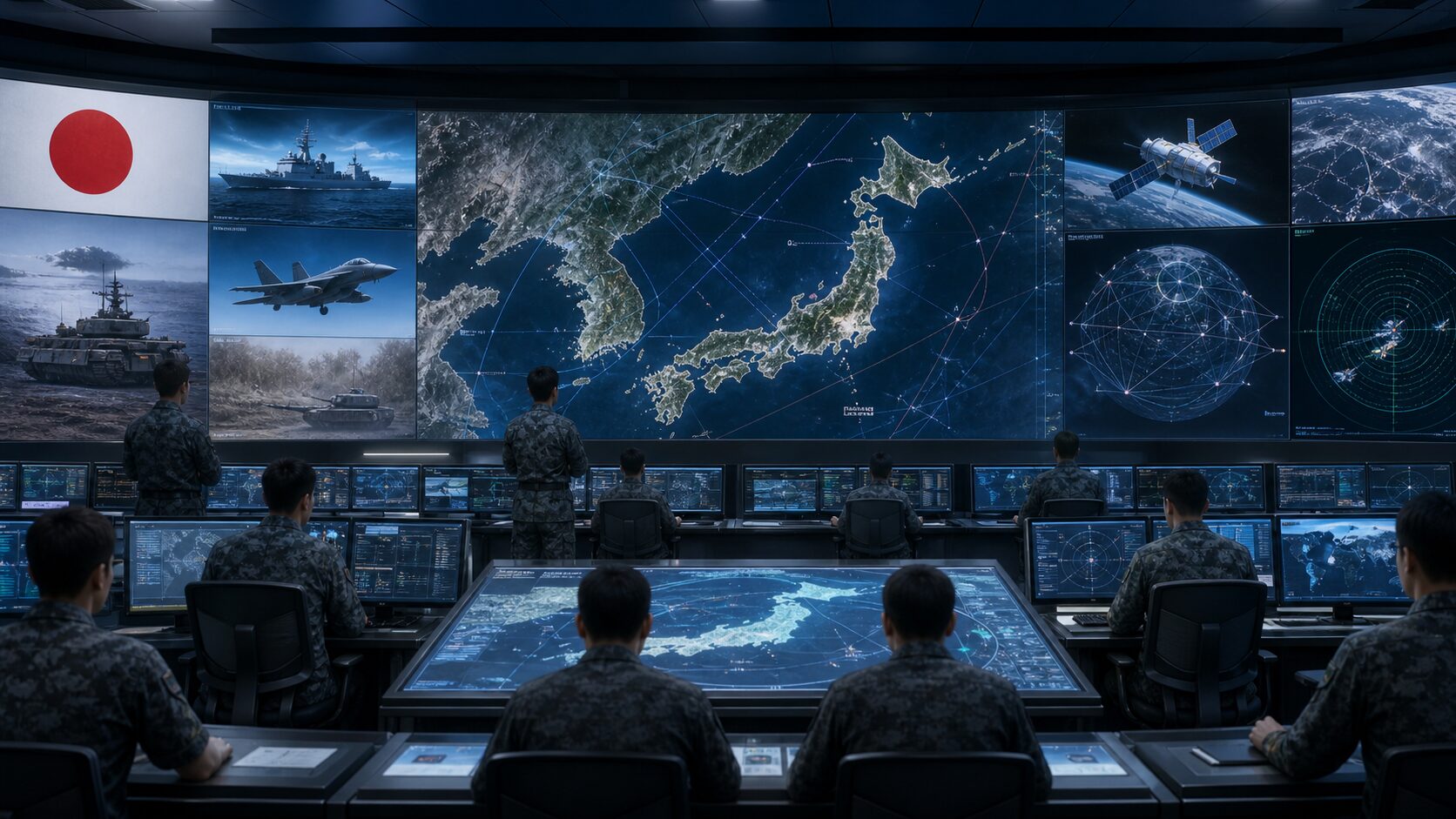 自衛隊の統合司令部と宇宙・サイバー領域を示すイメージ