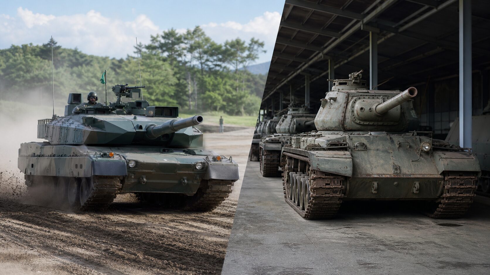 現役戦車と保管中の旧式装備を比較するイメージ