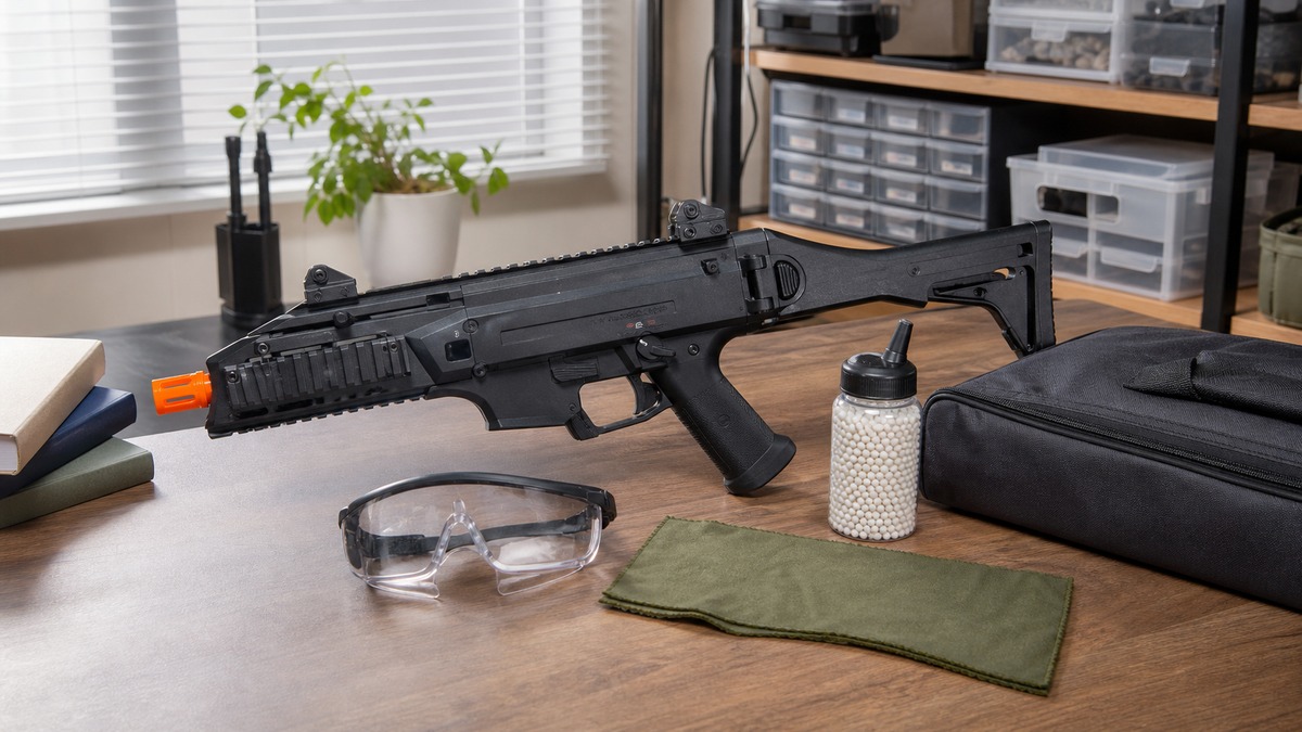 Scorpion EVO 3系エアソフトと安全用品を並べた趣味用展示