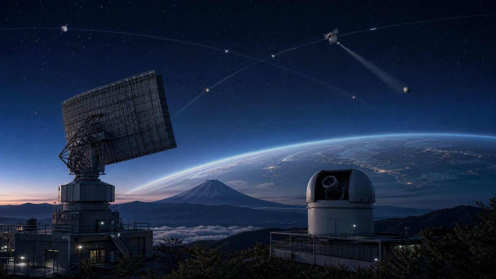 SSAレーダーと光学望遠鏡で宇宙物体を監視するイメージ