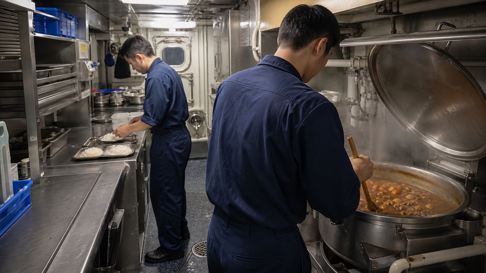 艦艇の限られた調理区画でカレーを作る給養員のイメージ
