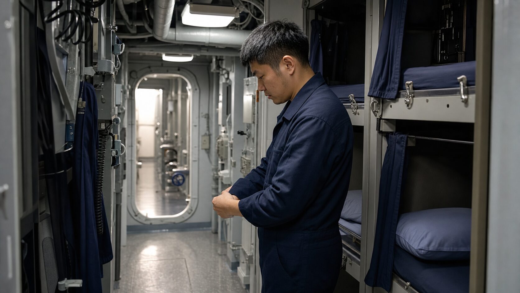 艦艇内で当直準備をする乗組手当と航海手当のイメージ