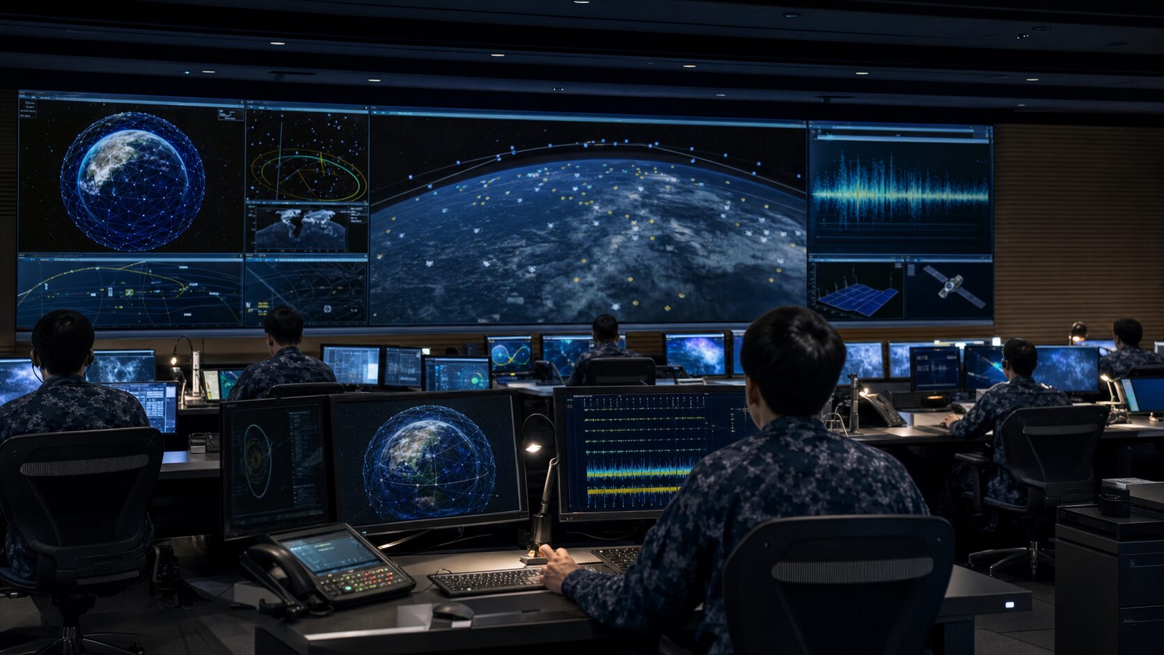 宇宙作戦部隊が軌道と電磁波を分析する作戦室のイメージ