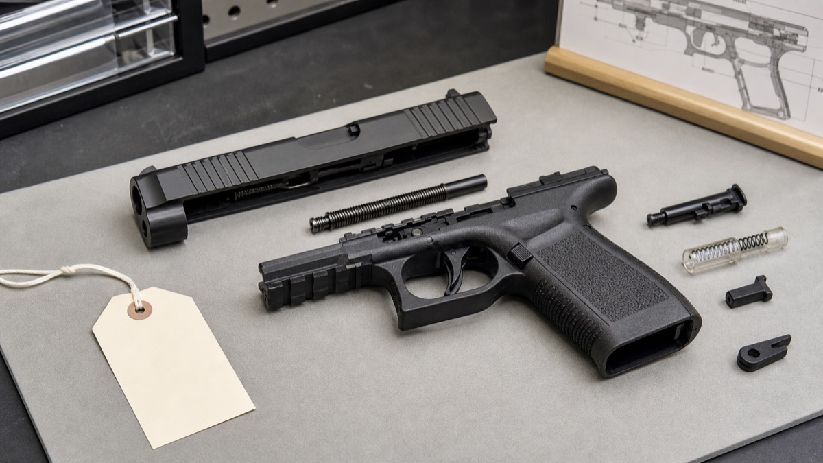 ストライカー式ポリマー拳銃の構造をイメージした分解展示