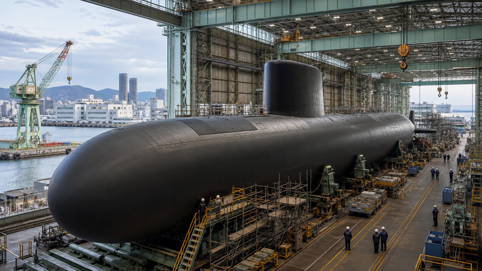 川崎重工の潜水艦建造と受注残を表す造船所イメージ