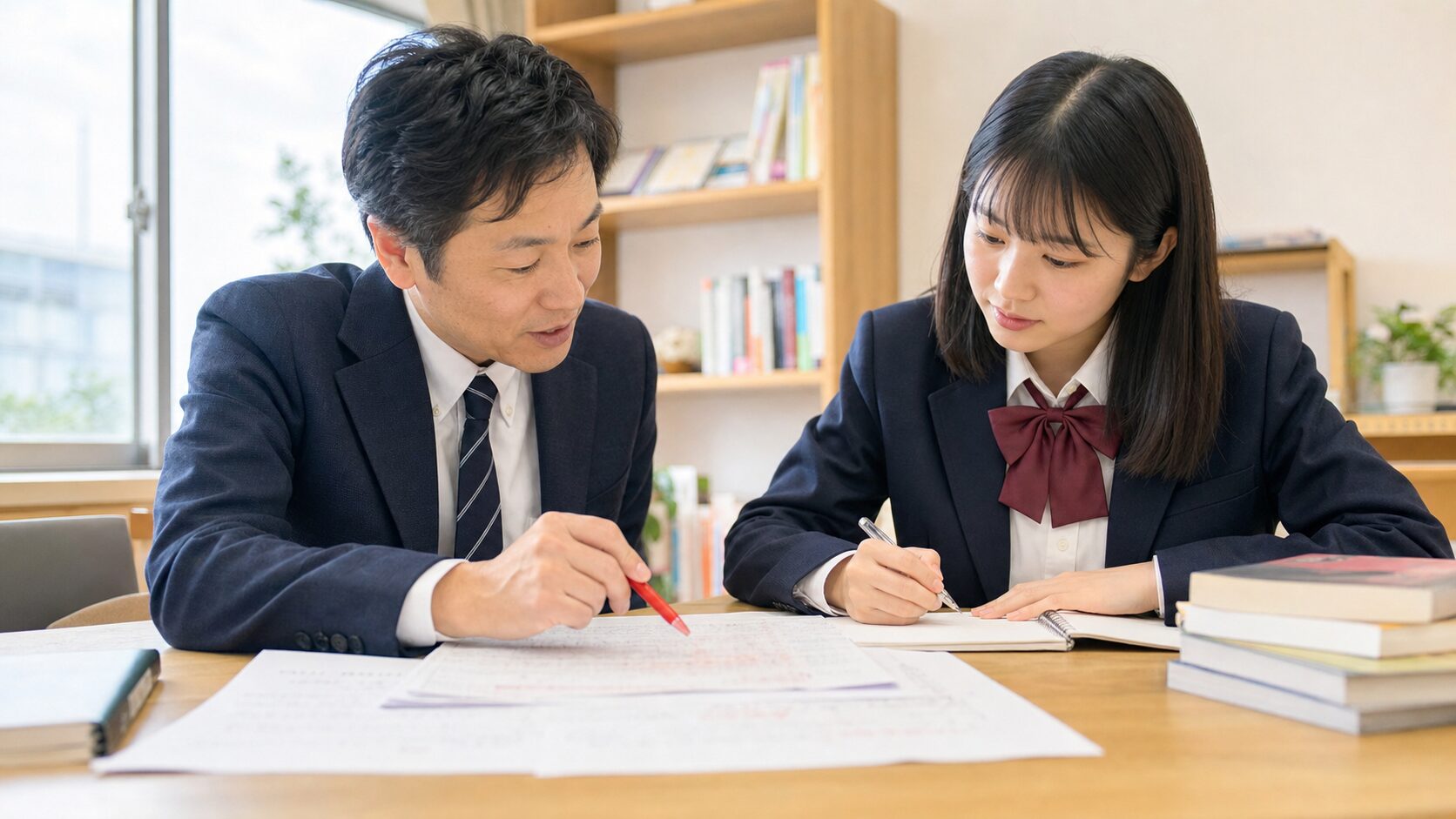 先生から小論文の添削を受ける受験生のイメージ