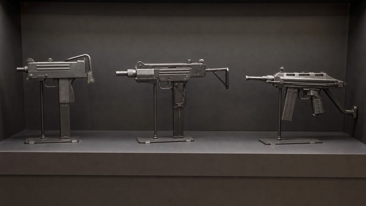 MAC-10とUZI系の小型化思想を比較する博物館展示