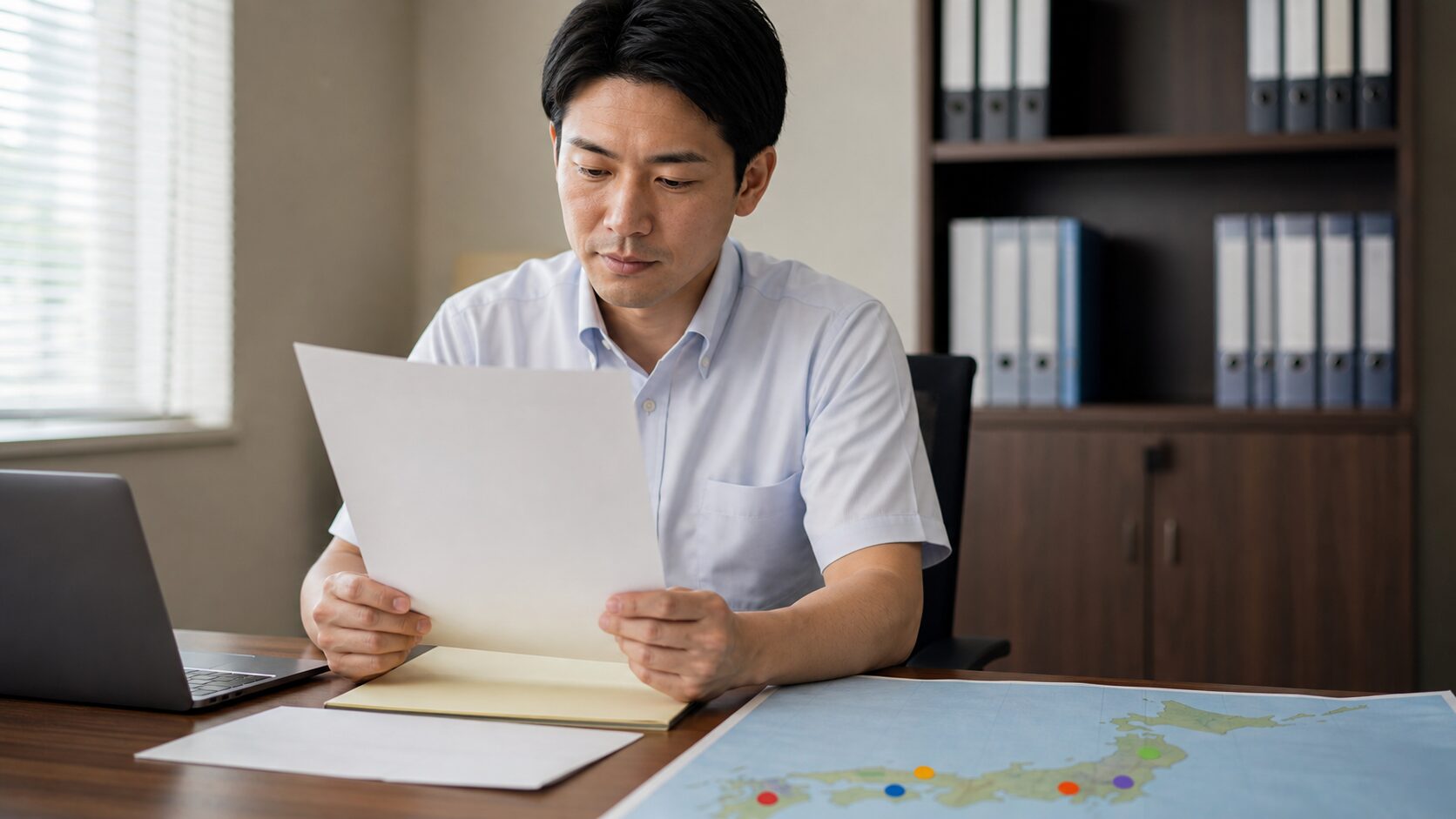 自衛官が異動資料と全国の配置先を確認するイメージ