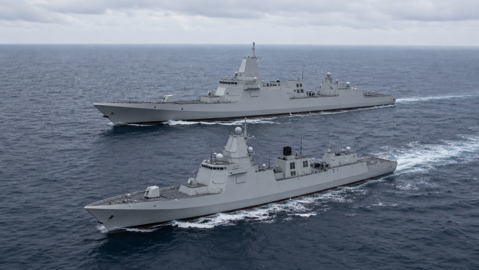 052D型級駆逐艦と大型の055型級艦艇の編隊航行