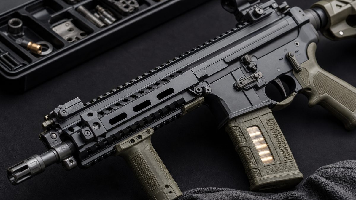 20式小銃のレールとアンビ操作系をイメージした近接写真