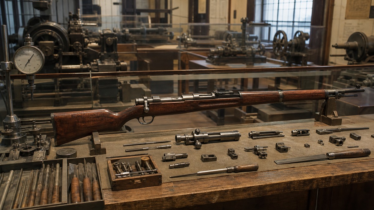 三八式歩兵銃の部品と造兵廠の仕上げ工程を示す展示