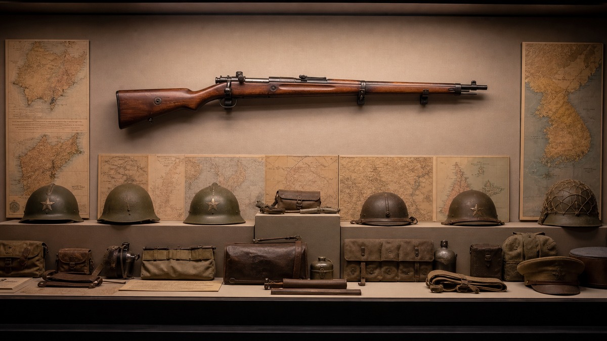 三八式歩兵銃と40年間の戦歴を示す博物館展示