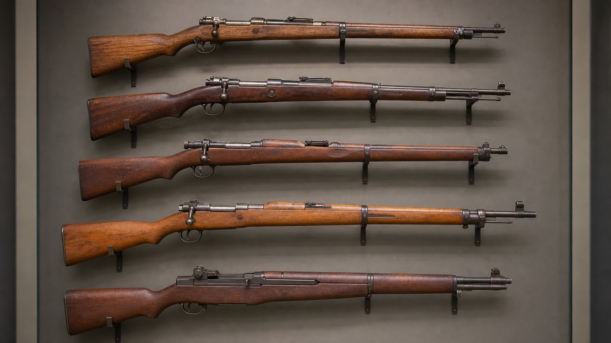 三八式と第二次世界大戦期の主力小銃を比較する展示