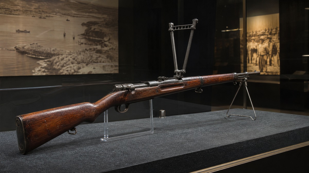 九九式短小銃の対空照尺と単脚を示す展示