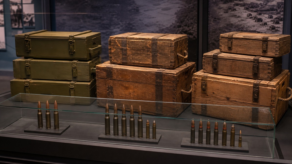 6.5mm弾と複数の7.7mm弾薬を示す兵站展示