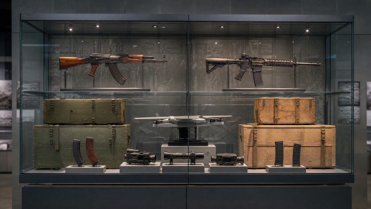 ウクライナ戦争で混在する東西小銃体系を示す展示