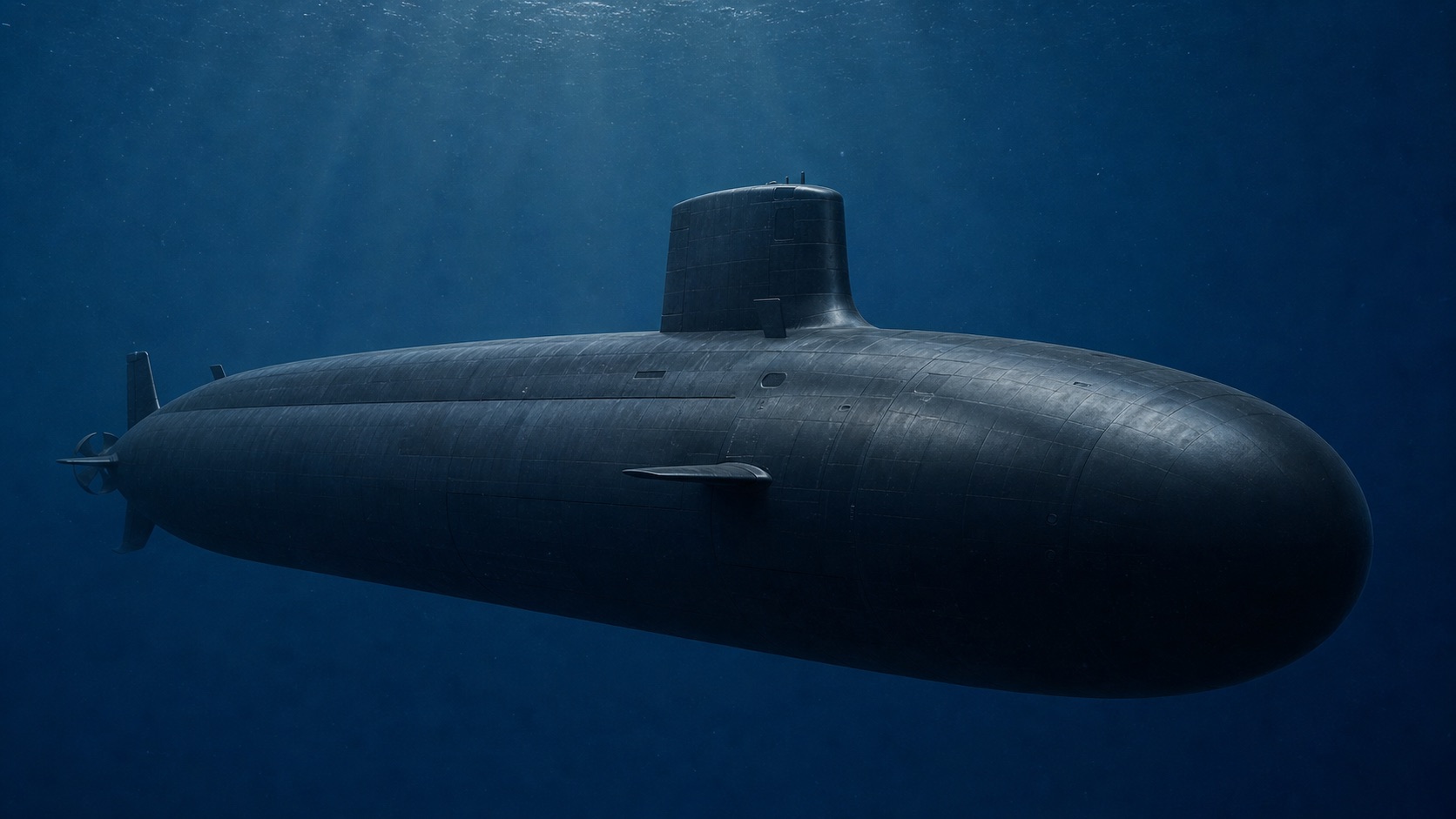 深海を航行するシーウルフ級原潜の船体