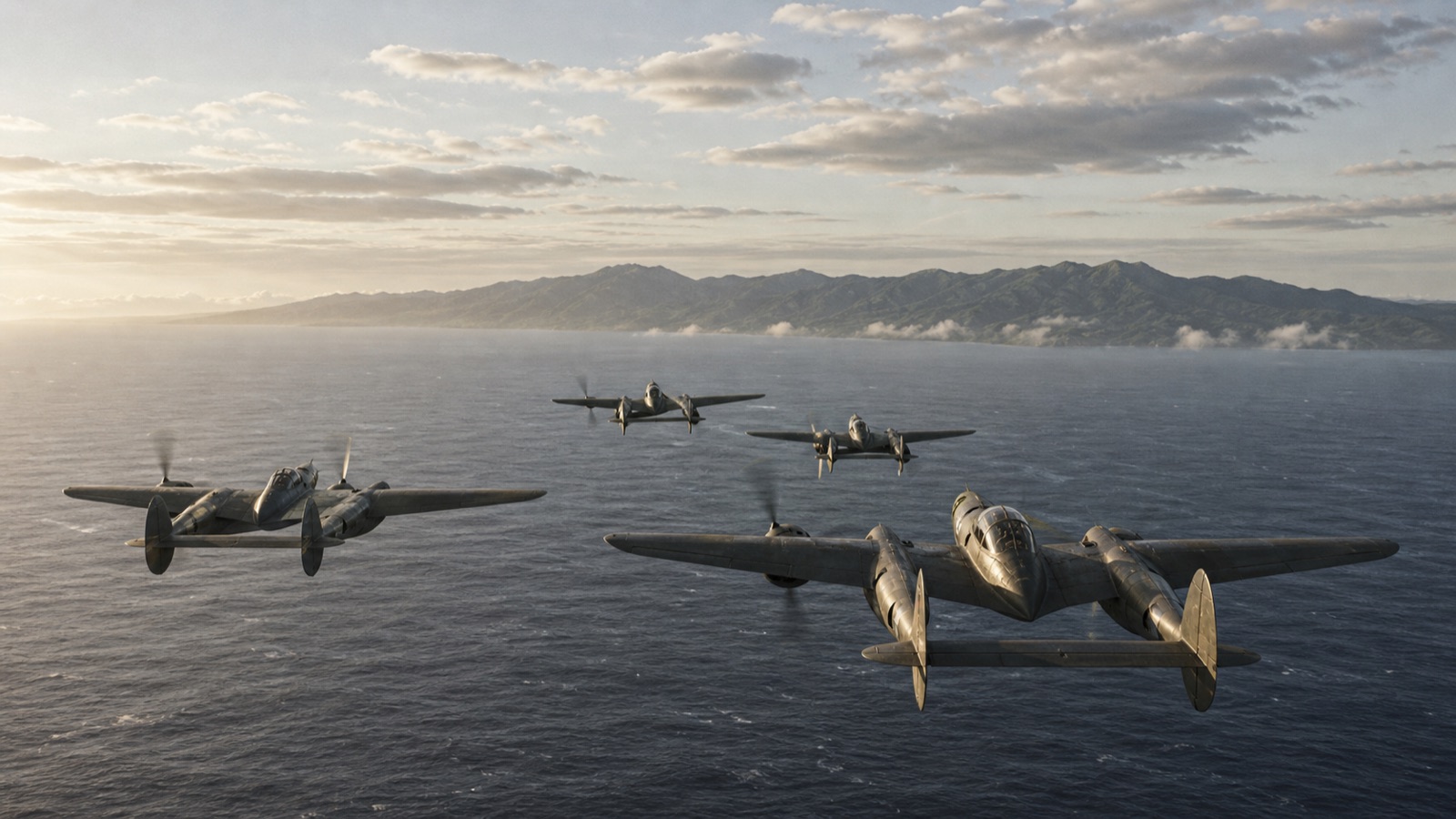 島影へ低空進出するP-38級戦闘機編隊