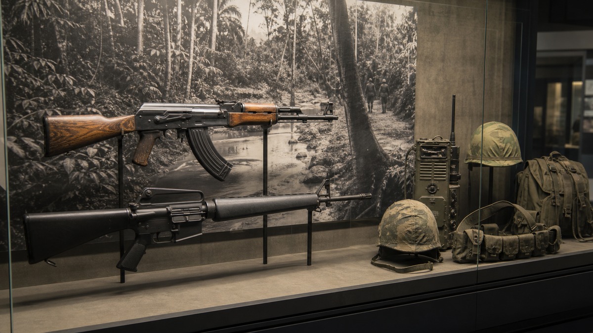 ベトナム戦争期のAK系とM16系を示す博物館展示
